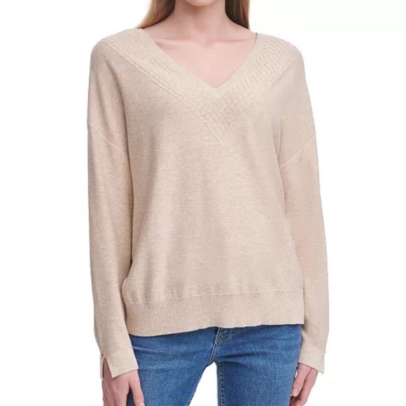 Calvin Klein Cream V-Neck Sweater - Picture 1 of 9